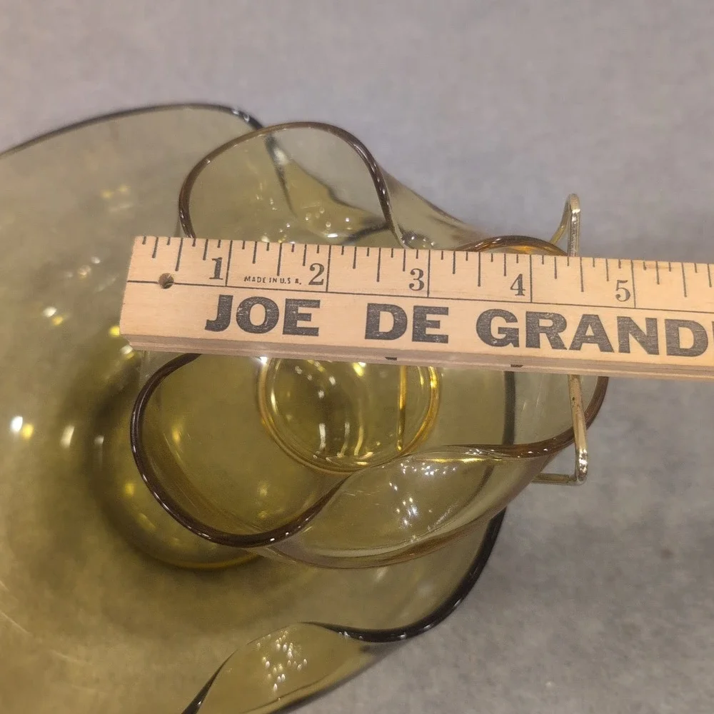 Vintage MCM Smoked Olive Green Glass Ruffled Chip and Dip Set with Metal Bracket
